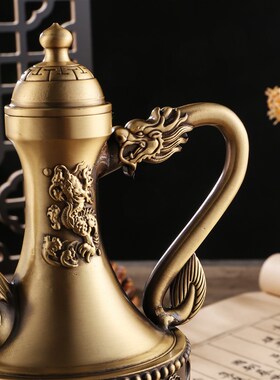 速发纯黄铜精厅百福高酒壶凤雕宴会婚庆铜器摆件龙餐手把壶复古铜