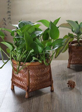 竹编装饰花盆套插花篮桌面复古花器竹工艺品绿萝收纳篮手工竹制品