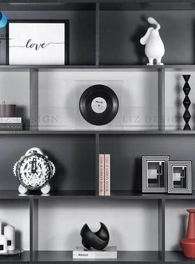 轻奢样板房软装书柜装饰品摆件书架柜子唱片时钟摆设花瓶托盘组合