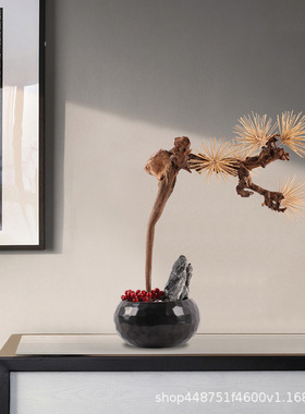 禅意新中式简约仿真枯木摆件酒店样板房假花装饰品家居客厅工艺礼