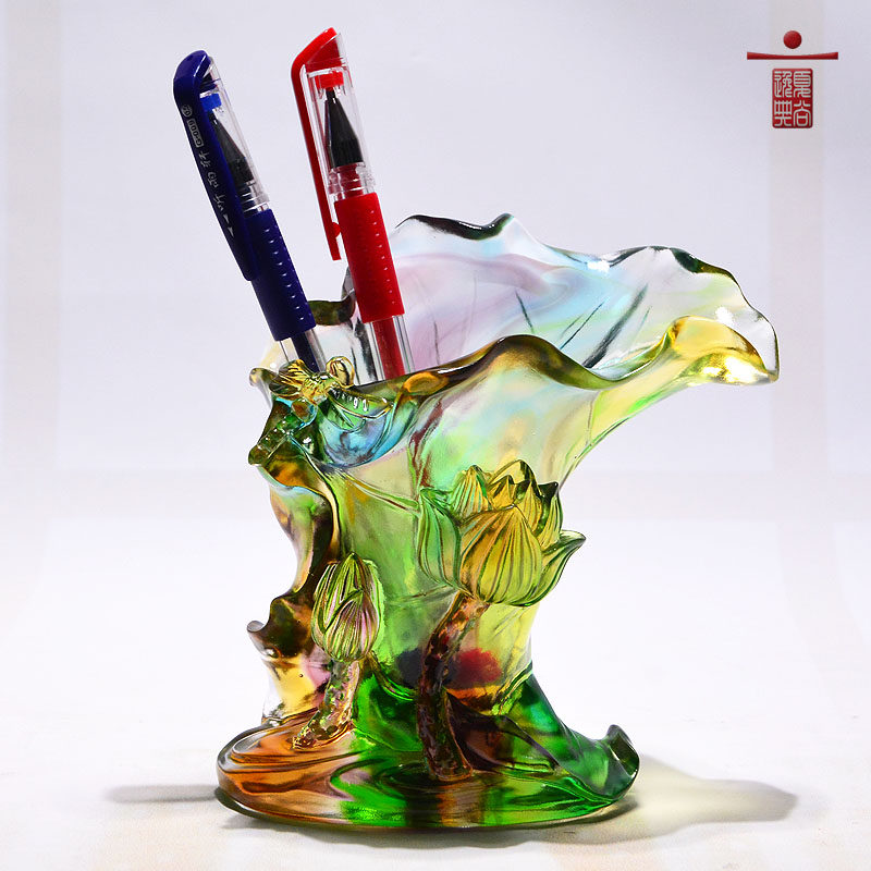 厂家琉璃笔筒精美工艺品中式荷叶花瓶女领导礼物R办公室办公桌书