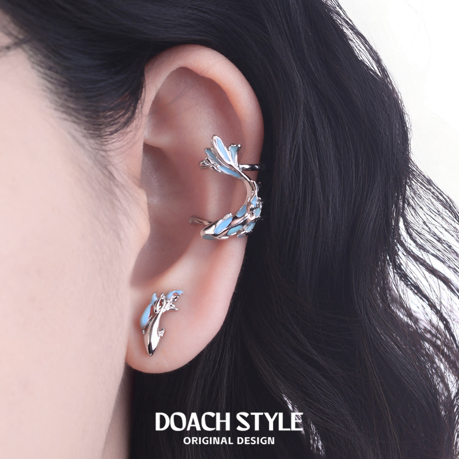 DOACH 原创纯银海域蓝小鱼耳骨夹无耳洞耳饰高级感小众甜酷风耳环,淘宝优惠券,粉丝福利购,淘宝优惠卷