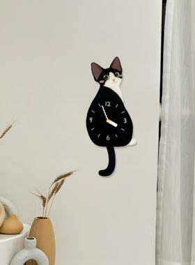 原创德文猫挂钟小猫挂钟尾巴可摇摆创意钟表乔迁礼物静音挂钟