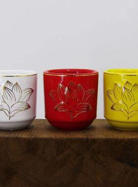 瓷杯白事供浮雕小酒杯佛具大全供具佛前杯结婚黄色红色白色莲花杯