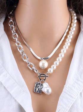 KMVEXO Fashion 2 Layers Pearls Geometric Pendants Necklaces