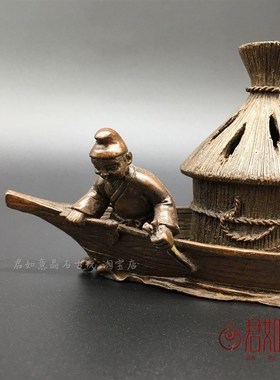 好货实心铜渔船香炉摆件五谷丰登粮仓铜穿小铜人创意香薰炉小铜舟
