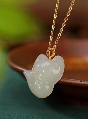 吊坠和田玉挂坠18k金天然白玉玉石银复古个性女士狐狸铜钱女转运