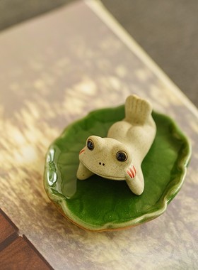 手工可爱禅意茶道陶瓷青蛙茶宠摆件迷你家居饰品微景观茶盘装饰