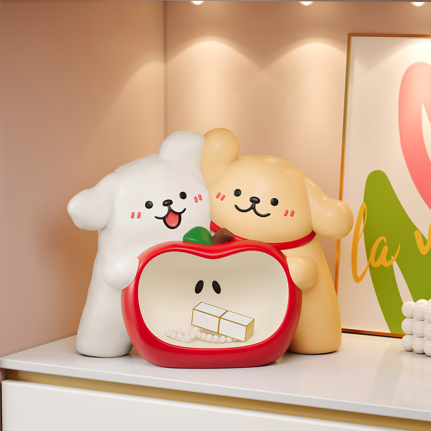 线条小狗苹果摆件入户玄关柜钥匙收纳乔迁新年结婚礼物桌面装饰品,淘宝优惠券,粉丝福利购,淘宝优惠卷