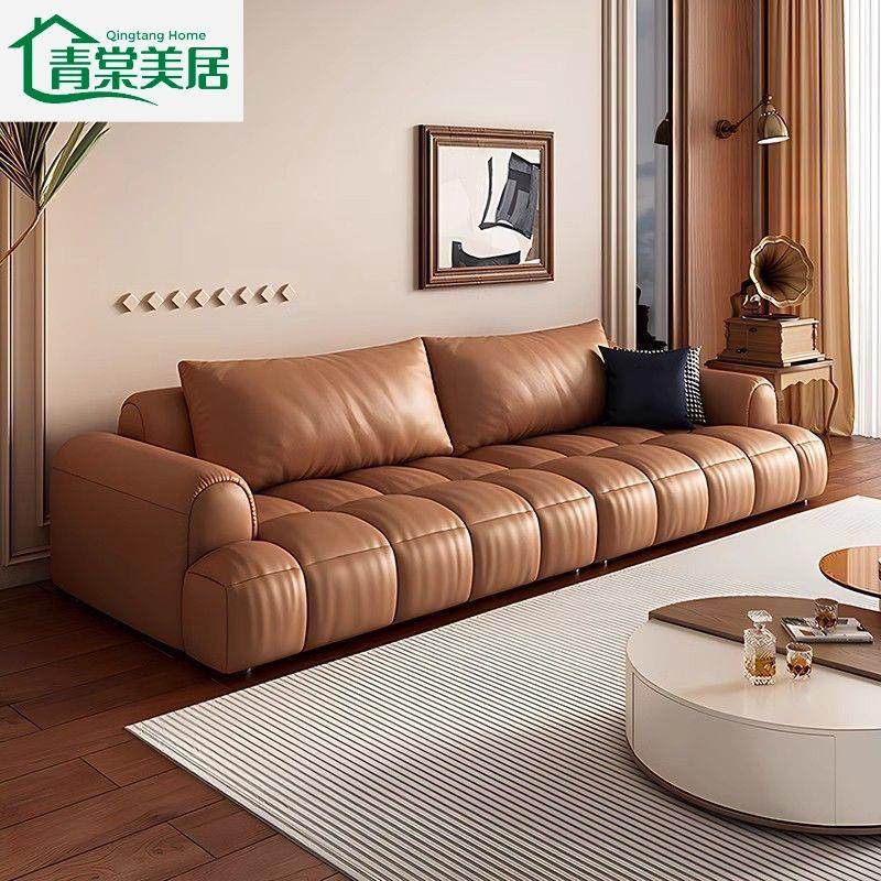 法式真皮棉花糖沙发奶油风客厅家用小户型钢琴键皮艺直排泡芙沙发,淘宝优惠券,粉丝福利购,淘宝优惠卷