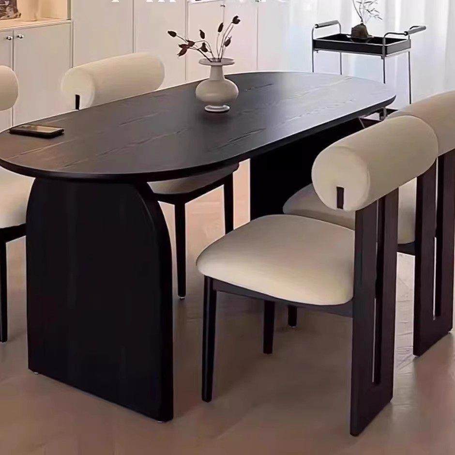 中古风椭圆形实木餐桌椅组合法式覆古吃饭桌黑色白蜡木家用长桌子 - 图0