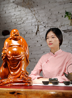 L花梨实木雕刻大号布袋大肚弥勒笑佛像摆件家居客厅装饰红木工艺