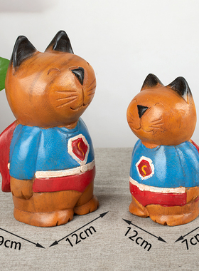 泰国木雕工艺品 东南亚木质功夫猫超人猫摆件创意家居玄关装饰品