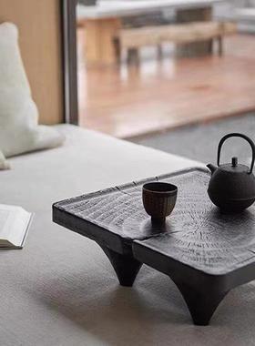 现代新中式侘寂黑色风碳化木方形创意茶几托盘果盘置物桌面民宿