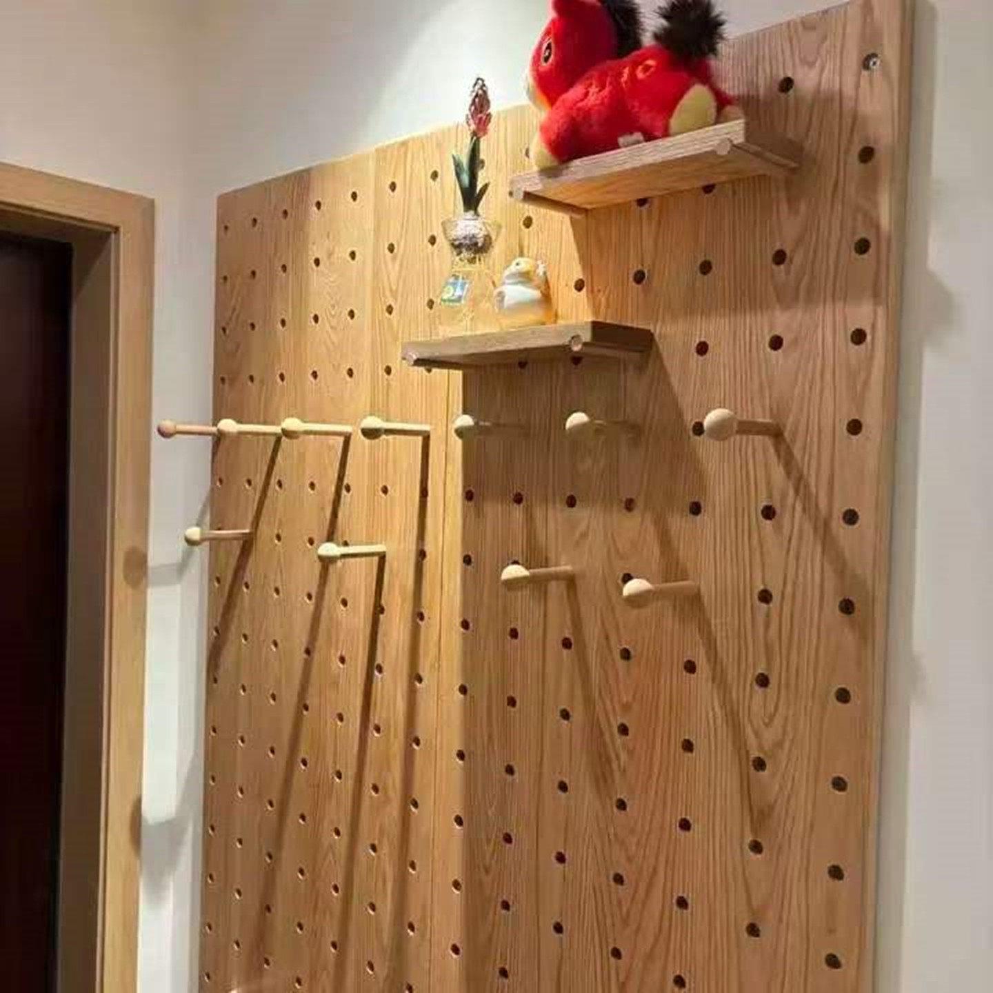 Red oak cherry wood solid wood hole board custom wall decoration entrance storage shelf wooden wall hanging hole