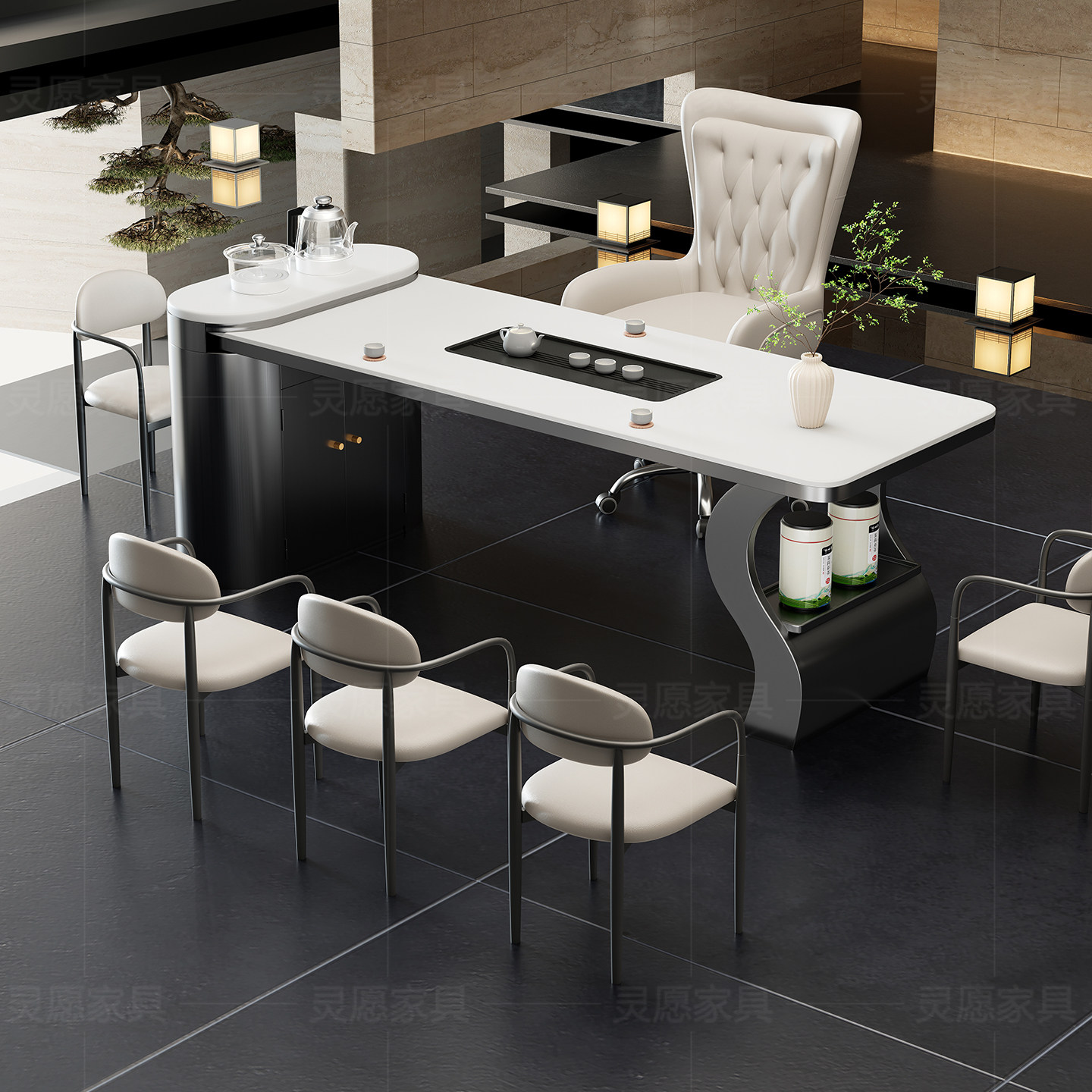 轻奢风岩板茶桌椅组合轻奢现代高端茶台办公一体洽谈接待泡茶桌,淘宝优惠券,粉丝福利购,淘宝优惠卷