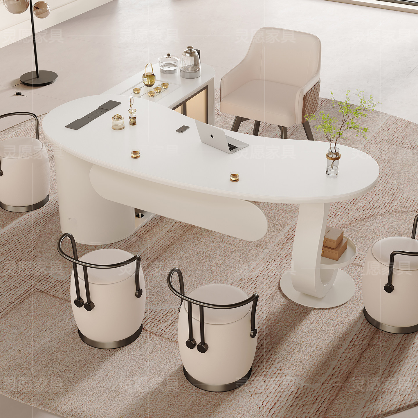 奶油风岩板茶桌椅组合老板办公一体接待泡茶台轻奢现代美容院茶桌,淘宝优惠券,粉丝福利购,淘宝优惠卷