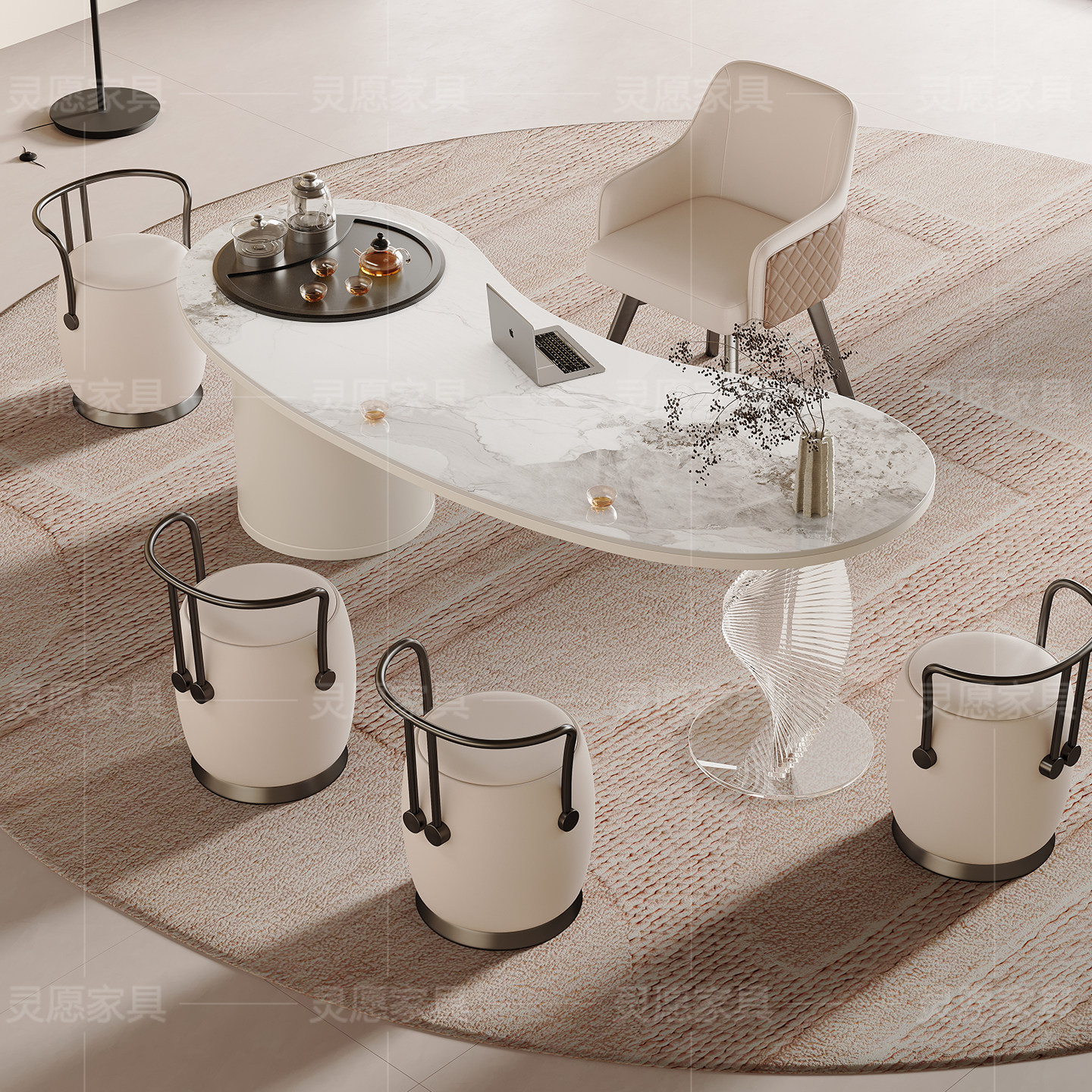 奶油风岩板茶桌椅组合轻奢现代洽谈接待桌高端茶台办公一体泡茶桌,淘宝优惠券,粉丝福利购,淘宝优惠卷