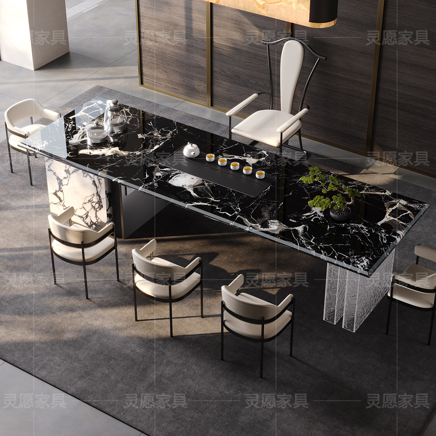 高端黑玫瑰奢石茶台轻奢现代办公一体别墅洽谈接待泡茶桌椅组合,淘宝优惠券,粉丝福利购,淘宝优惠卷