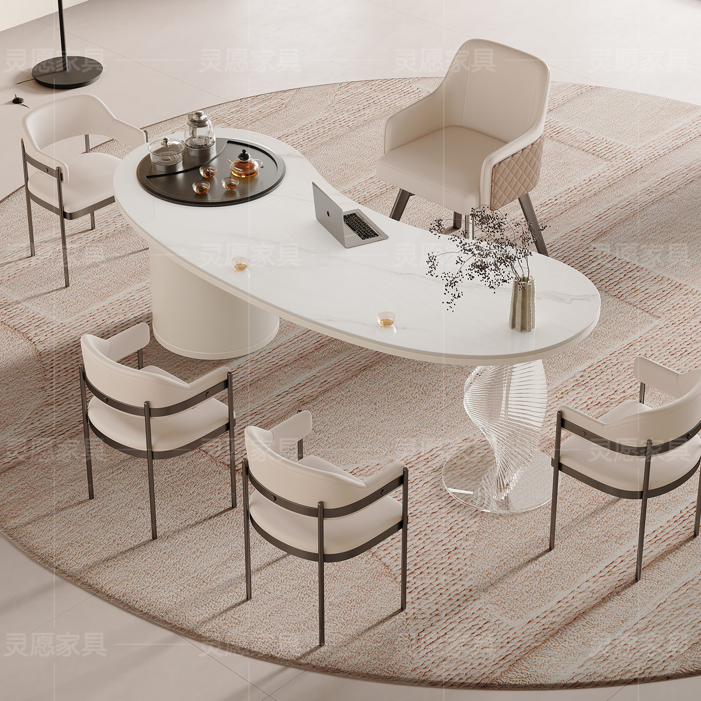 奶油风岩板茶桌椅组合轻奢现代洽谈接待桌高端茶台办公一体泡茶桌,淘宝优惠券,粉丝福利购,淘宝优惠卷