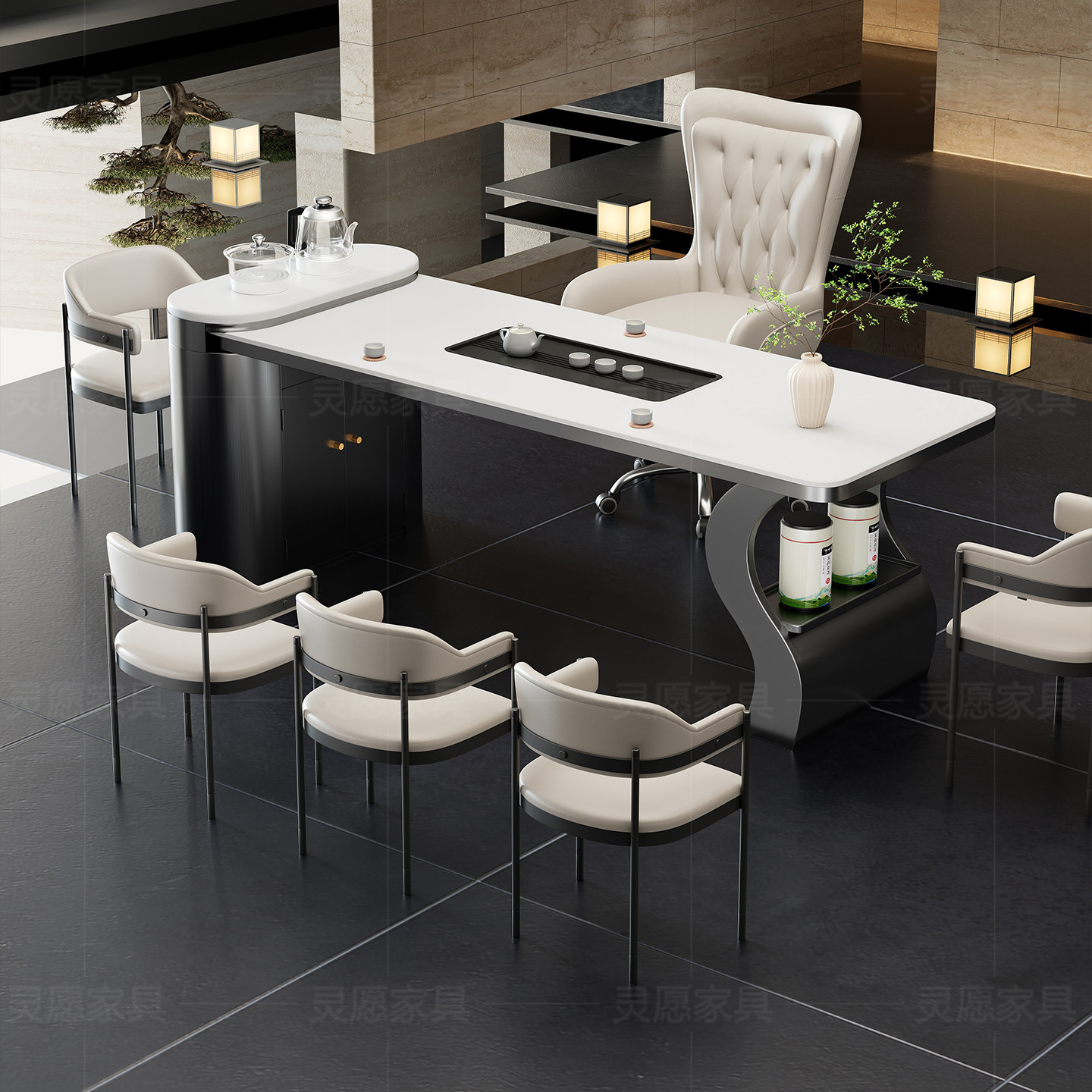 轻奢风岩板茶桌椅组合轻奢现代高端茶台办公一体洽谈接待泡茶桌,淘宝优惠券,粉丝福利购,淘宝优惠卷