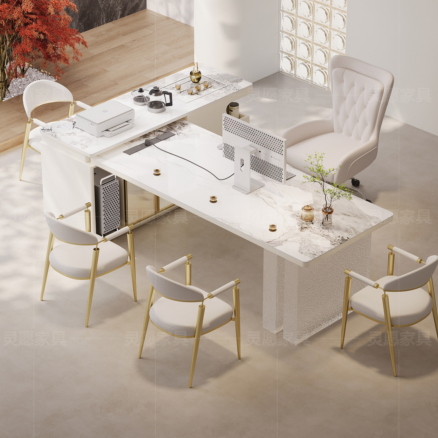 岩板茶桌椅组合亚克力轻奢现代高级感美容院办公一体实木泡茶台,淘宝优惠券,粉丝福利购,淘宝优惠卷