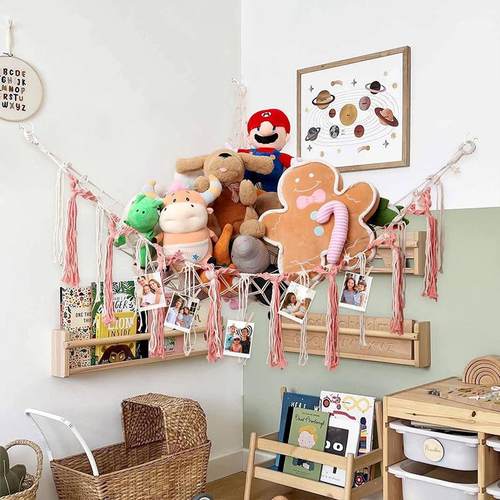 跨境三角玩具网兜手工棉绳编织儿童玩具收纳网兜彩色流苏墙角挂网 - 图0