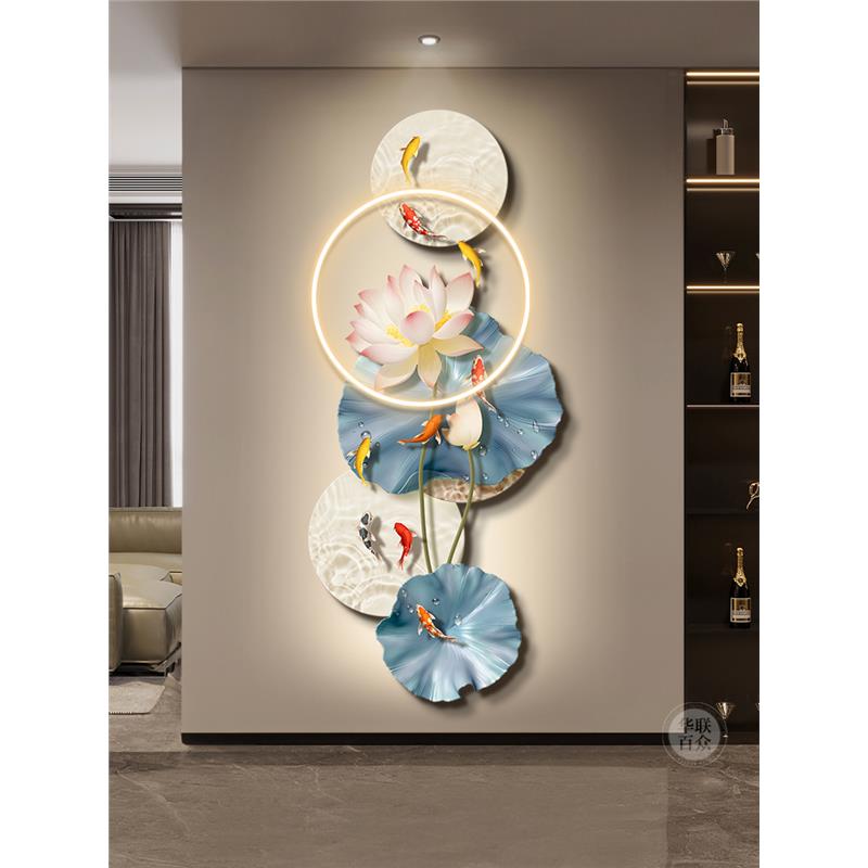 九鱼图入户玄关装饰画 画现代轻奢走廊过道挂画 画高级感立体荷花 - 图2