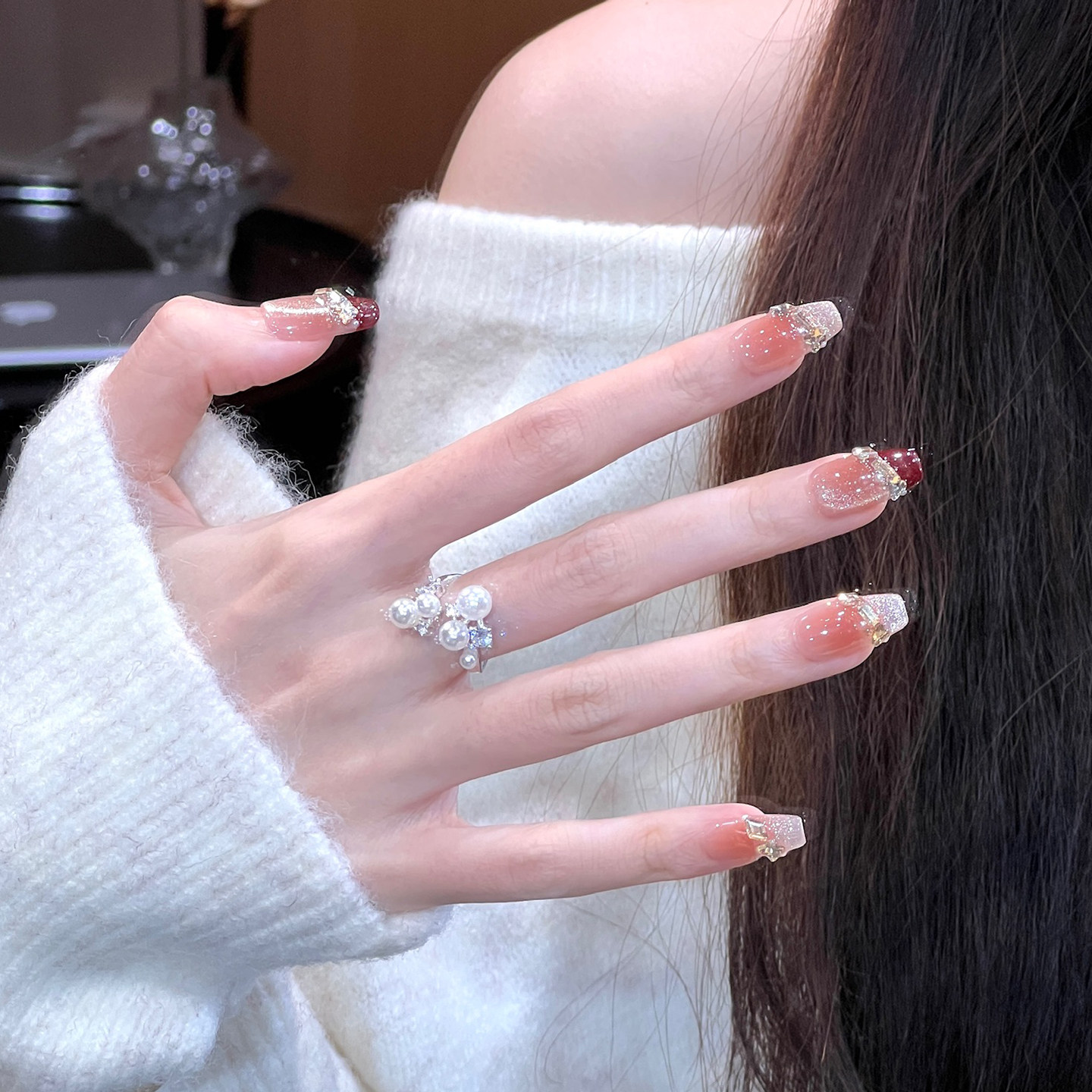植兔穿戴甲中长款法式腮红色香槟碎钻显白美甲猫眼婚纱高级感贴片,淘宝优惠券,粉丝福利购,淘宝优惠卷
