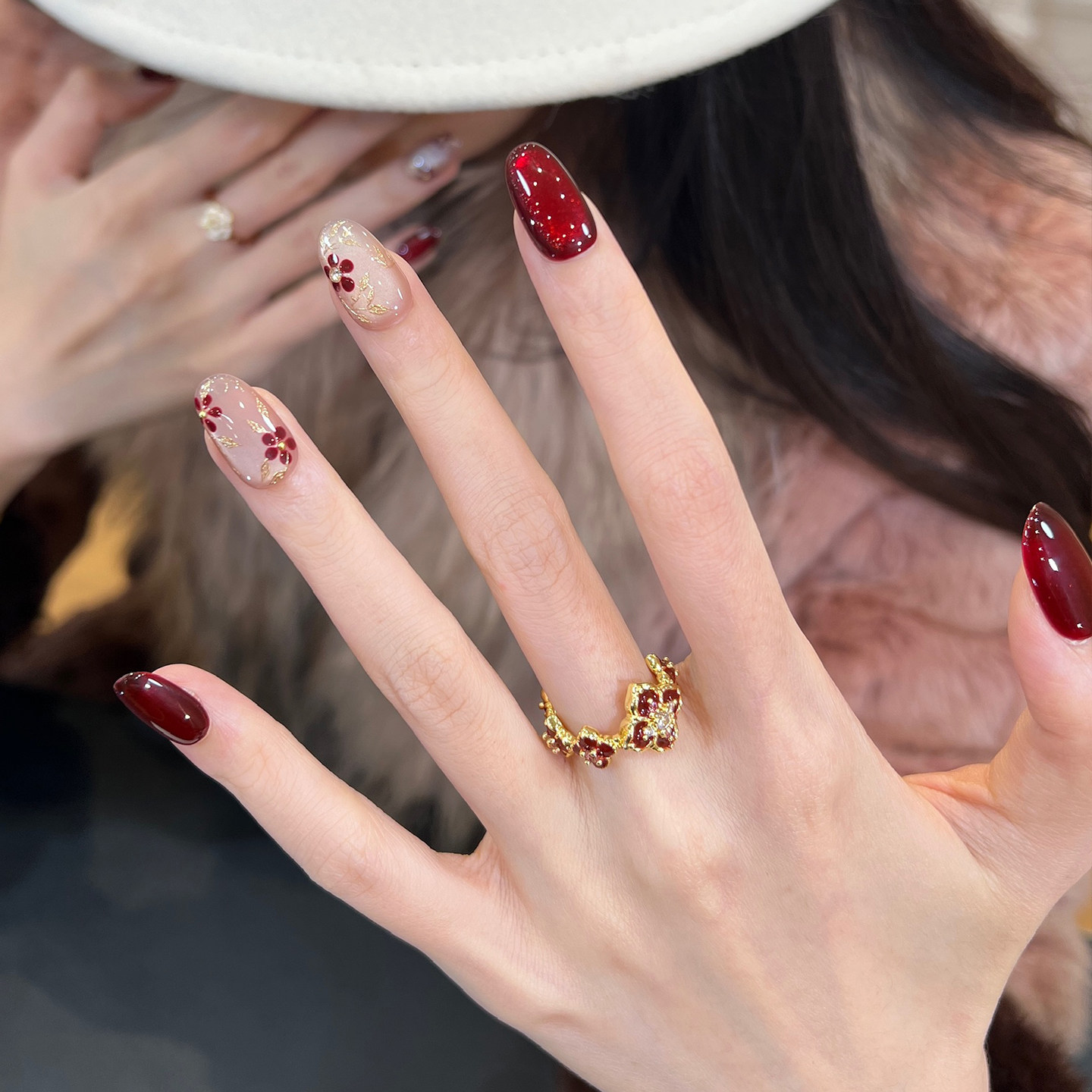 植兔红色猫眼穿戴甲2026年新款高级感繁花显白轻奢美甲秋冬款贴片,淘宝优惠券,粉丝福利购,淘宝优惠卷