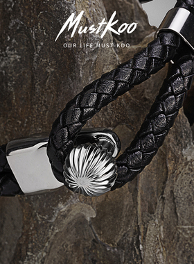 mustkoo黑色牛皮编织双层手绳男