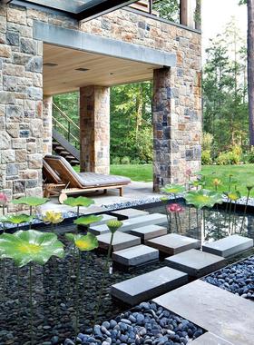 现代彷真铁艺荷花荷叶水池水景摆件不锈钢莲花庭院户外园林装饰