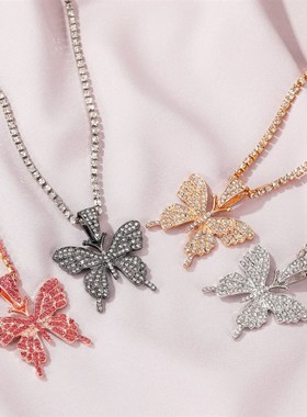 Cuban Butterfly Hip Hop Pendant Necklace Ladies水钻蝴蝶颈链