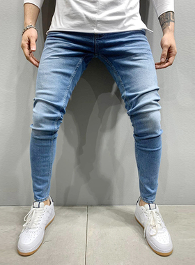 Grey Pure Color Jeans Men Elastic Waist Skinny Jeans Men 202