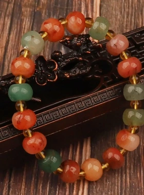 玉石石榴石古风手链南瓜花托女孩