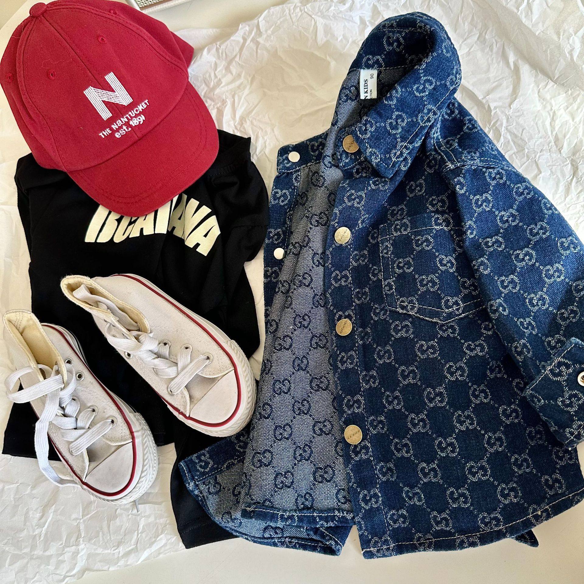 哎呦宝贝儿童衬衫24秋季新品男女童提花牛仔外套宝宝单排扣衬衣潮,淘宝优惠券,粉丝福利购,淘宝优惠卷