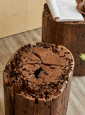 侘寂风原木虫眼实木墩子花架