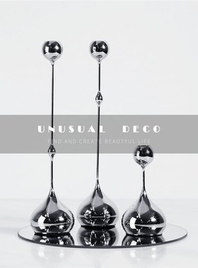 现代简约银色黑色金属水滴烛台摆件样板房售楼处餐厅餐桌软装饰品