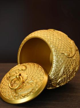 纯黄铜锦鲤茶叶罐储物罐高档铜罐带盖防潮密封罐烟灰缸工艺品摆件