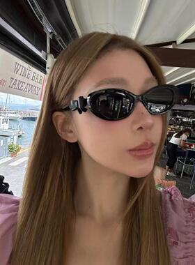 柚你 Yoyoo//25B蝴蝶结墨镜辛芷蕾同款椭圆形板材太阳镜黑框女士