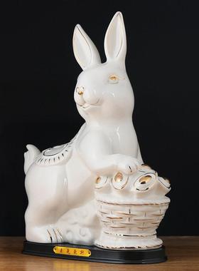 红色陶瓷兔子摆件大号桌面客厅十二生肖兔德化瓷玉兔工艺饰品招财