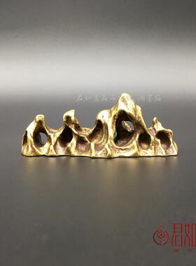 铜山形笔架实心黄铜假山型小笔架文房用品毛笔架桌面小镇纸