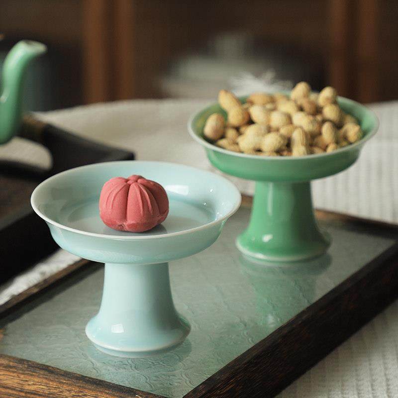 陶瓷茶点盘龙泉青瓷水果盘中式高脚点心盘宋韵果碟茶桌摆件小供盘,淘宝优惠券,粉丝福利购,淘宝优惠卷