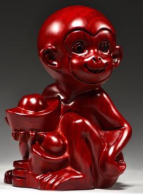 红色木质猴子摆件实木雕刻十二生肖木头属猴吉祥物木制装饰工艺礼