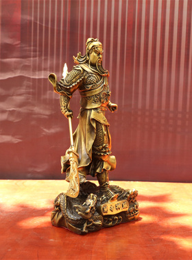 纯铜黄铜关帝神威关公关二爷关羽武财神站立提刀铜像神像供奉摆件
