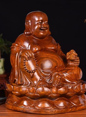 黄花梨木雕笑佛像大肚坐莲弥勒佛摆件布袋佛家居装饰品红木工艺品
