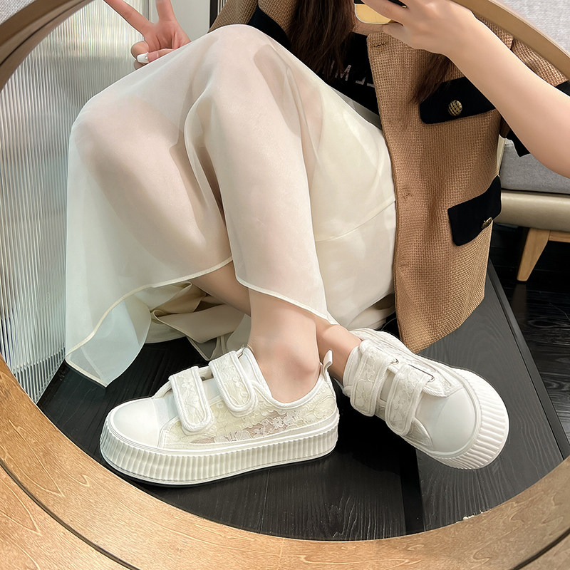 环球官方蕾丝帆布女鞋2024夏季透气平底韩版魔术贴网纱布鞋女板鞋,淘宝优惠券,粉丝福利购,淘宝优惠卷