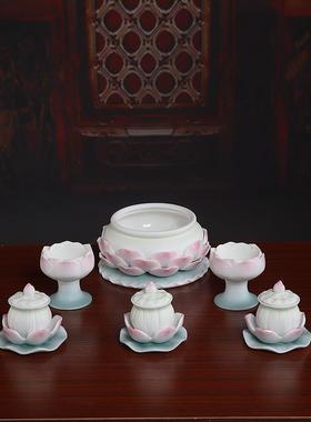 陶瓷佛具用品大全供奉家用室内供佛莲花香炉水杯花瓶烛台果盘套装