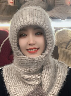 保暖针织风雪帽围巾套装女款