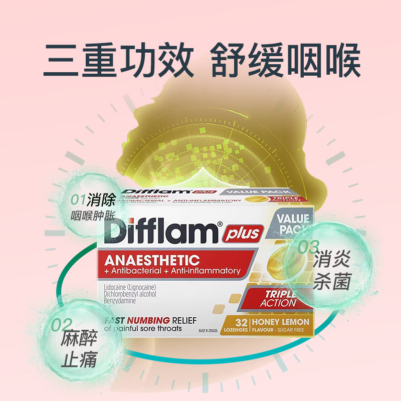 澳洲直邮Difflam强效润喉糖蜂蜜柠檬味缓解咽喉咙痛护嗓含片32粒,淘宝优惠券,粉丝福利购,淘宝优惠卷